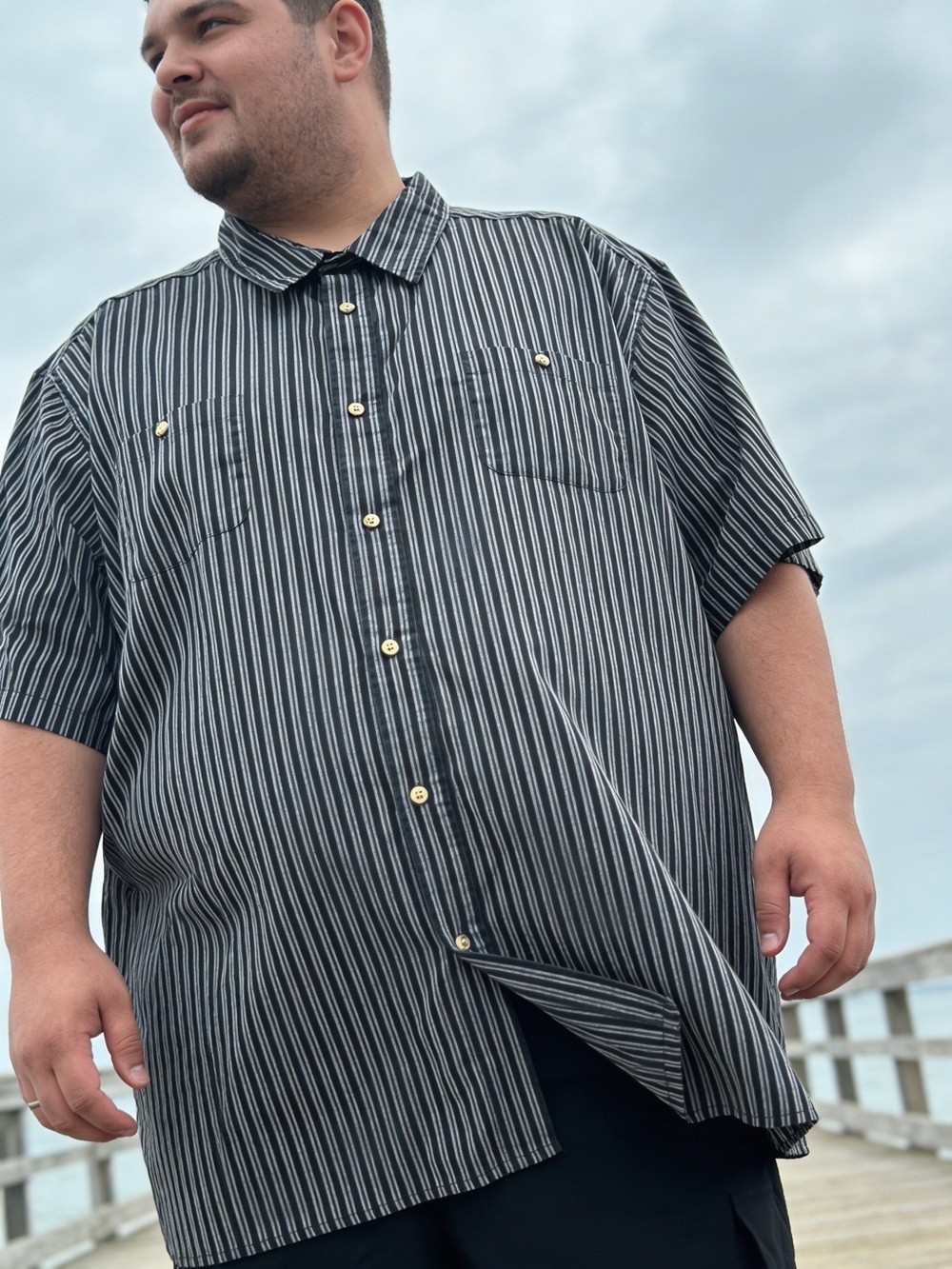 Short-Sleeve Black & White Stripe Button-Down Shirt